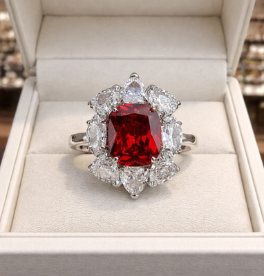 6.00Ct Cushion Cut Natural Red Garnet & Diamond 18K White Gold Proposal Ring