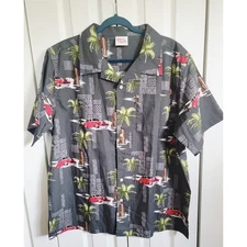 Barefoot in Paradise L Men Aloha Shirt Palm Trees Surfboard Cars Gray Hawaiian L