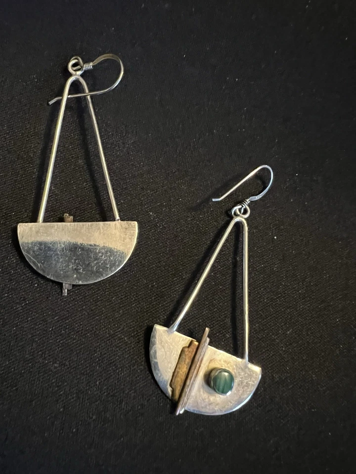 Brincos pendentes de prata 925 designer com cobre e malaquita verde - Imagem 3 de 4