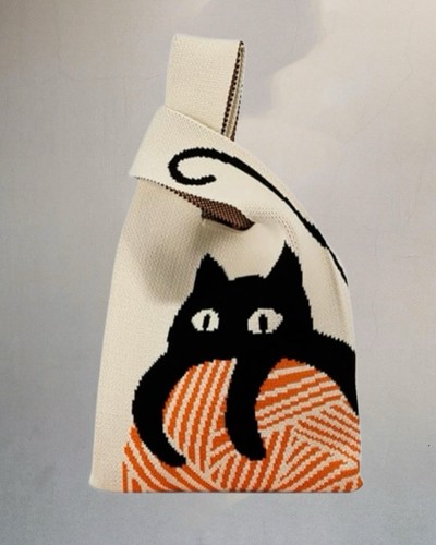 Trendige schwarze Katze Strick Mini Handtasche/Handgelenktasche/Beuteltasche - NEU - Bild 5 von 5