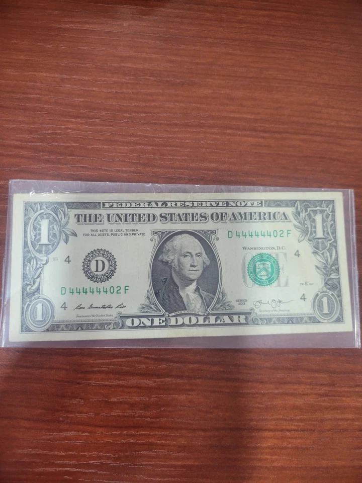 2013 One Dollar Bill $1 FRN Note FANCY SERIAL NUMBER D44444402F NEAR SOLID 4'S - Image 2 of 4
