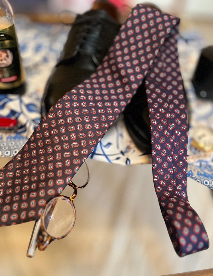 复古 STRATHMORE 蓝色 Oxblood 紫色佩斯利 100% 真丝美国制造领带 — 第 3/4 张图片