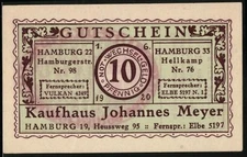 Notgeld Hamburg 1920, 10 Pfennig, Kaufhaus Johannes Meyer 