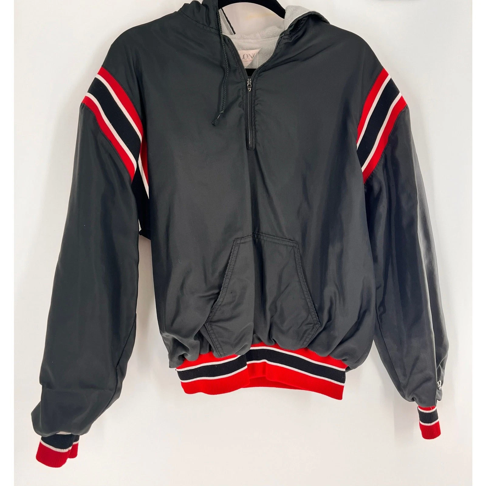 vintage men's athletic fleece lined pullover hooded windbreaker jacket black L