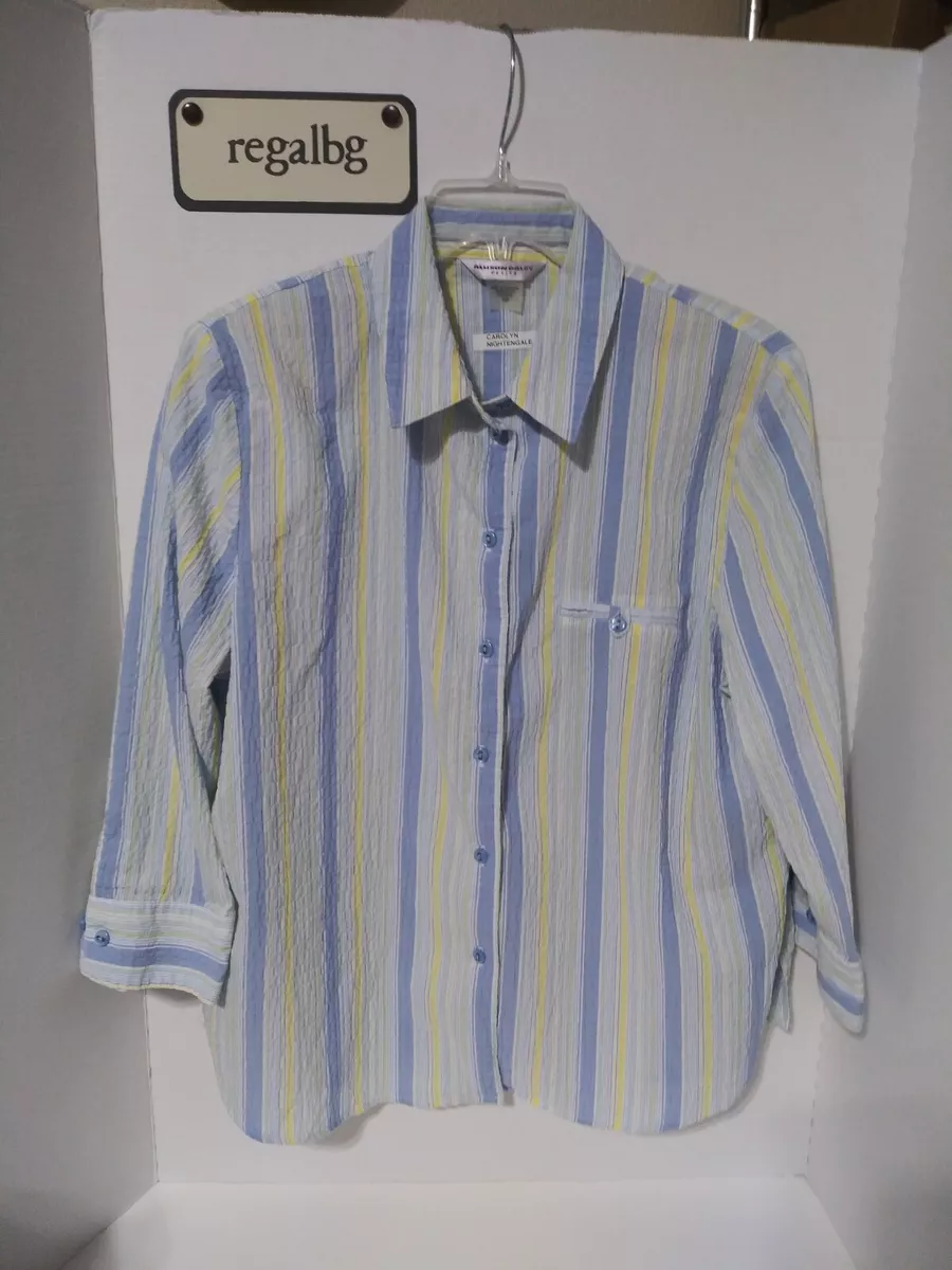 Allison Daley Women s Size 14 Petite Blouse Blue Stripe Button Down 3 4 Sleeves