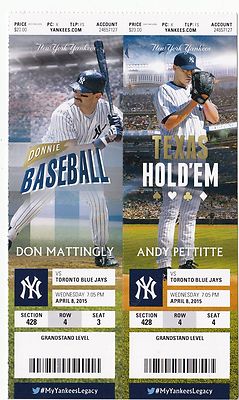 2015 New York Yankees Vs Toronto Blue Jays Ticket Stub 4/8/15 