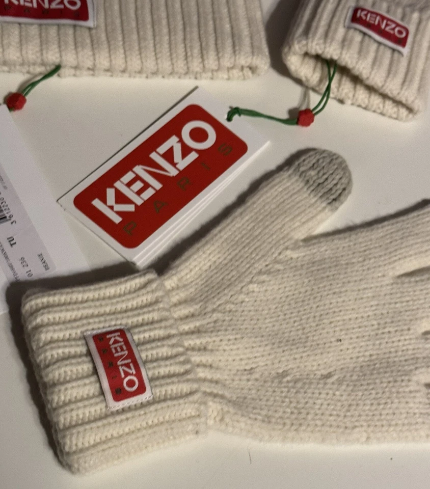 Kenzo Paris Off White Beanie Hat Knit Wool Matching Gloves Lot Rare HTF - Image 4 of 4
