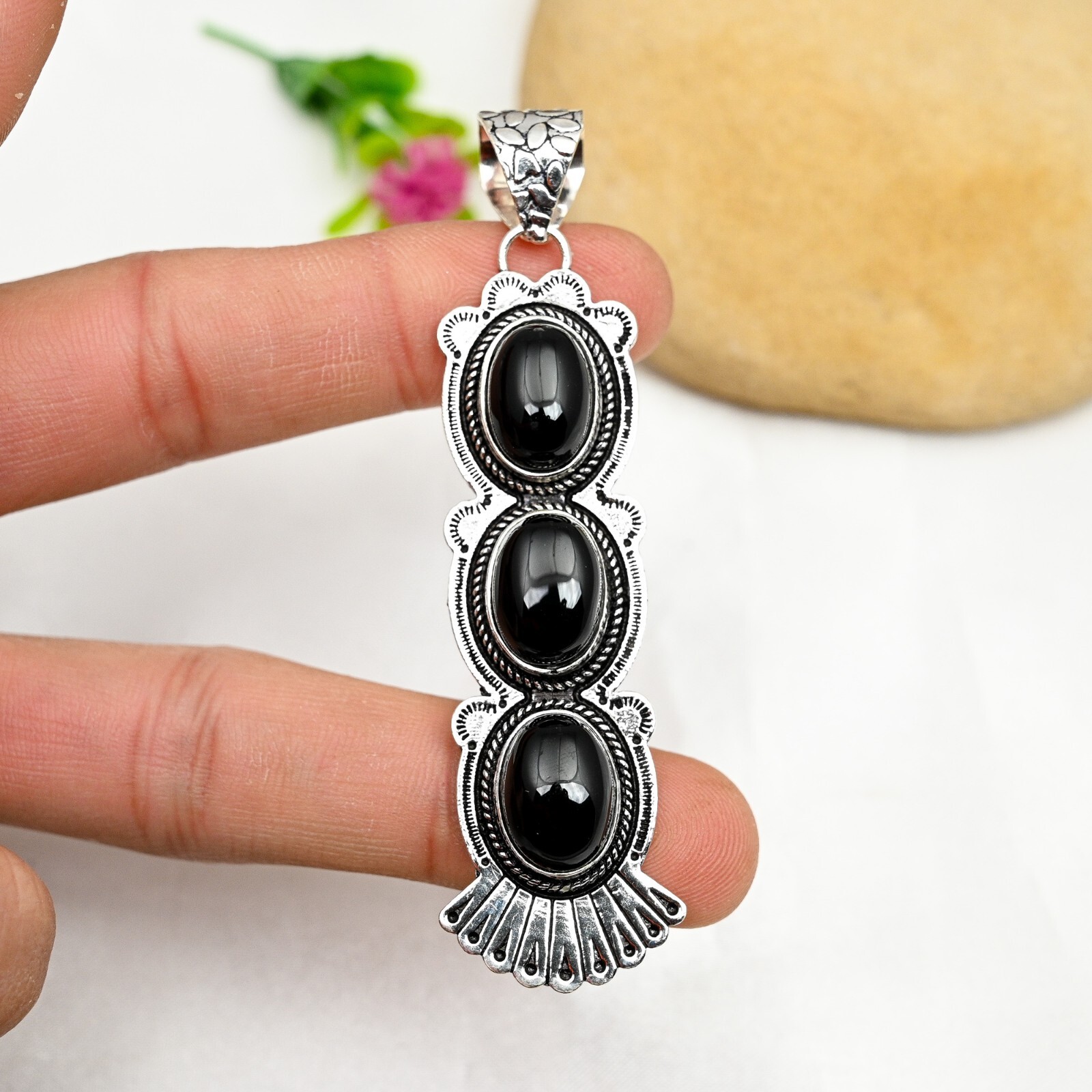 Natural Black Onyx Gemstone Pendant in 925 Sterling Silver Handmade Jewelry Gift