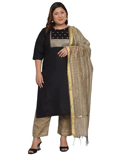 Women Black Plus Size Embroidered Indian Silk Kurta And Trousers With Dupatta - Picture 2 of 8