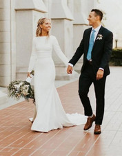 Long Sleeves simple wedding dress,High Neck Plain satin bridal gown,mermaid gown