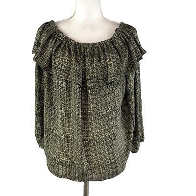Ann Taylor Blouse Top size Small Olive Green Ruffled Prairie Boho Wedding Guest
