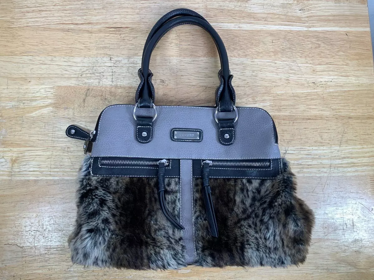 Coco + Carmen Womens Gray Faux Fur Color Block Zip Purse Handbag EUC