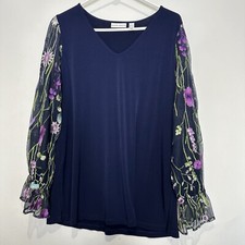 Susan Grave Blouse Top Large Blue Long Sheer Floral Sleeves Stretch V Neck