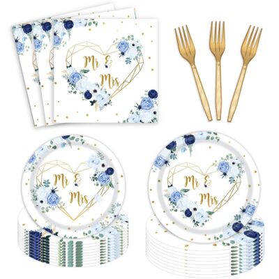 24 Guests Mr and Mrs Bridal Shower Party Supplies, Blue and White Flowers Hea...