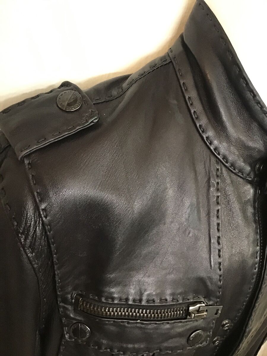 G Guaglianone Men's Leather Jacket Black Bomber Zip Up G Guaglianone Men's Leather Jacket Black Bomber Zip Up