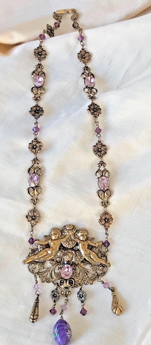 Vintage SADIE GREEN Necklace Victorian Embossed Cherubs Glass Bead Charms