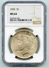 1925 Peace Silver Dollar $1 NGC MS64