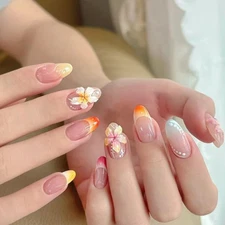 Nude French Press on Fake Nails Medium Short Oval with 3D Flower Design, Fals...