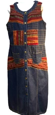 VTG Toffee Apple Denim Maxi Dress Jumper Size L Button-Up Tapestry Patchwork