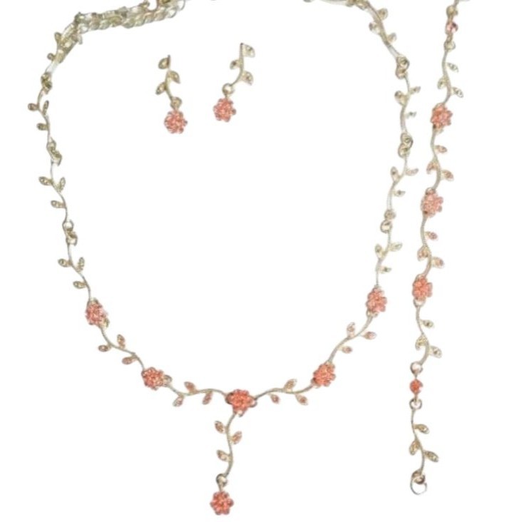 Parure femme bijoux mariage ton argent cristal rose avec collier et bracelet