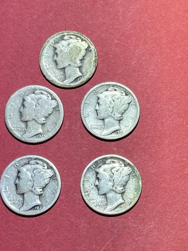 5 Mercury Dimes  ~ Early Dates 1916, 1917D(2), 1925 ~ Good Condition 90% Silver
