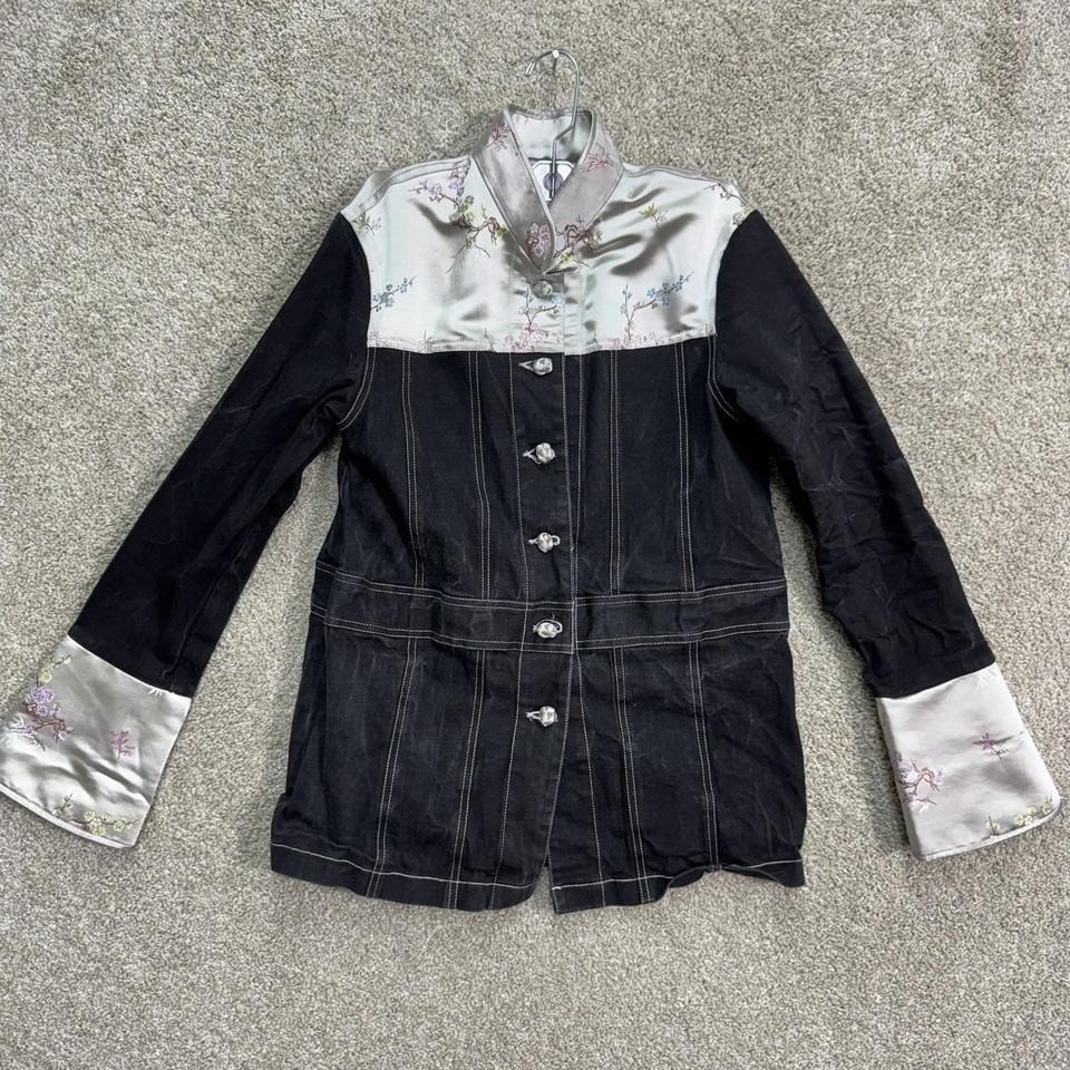 Denim and Silk Jacket Women M Black Silver Floral Embroidered Mandarin Collar
