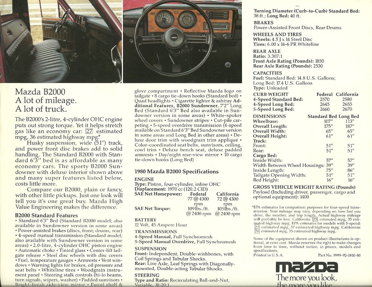 1980 MAZDA B2000 PICKUP Truck Brochure / Flyer: B-2000, Pick Up