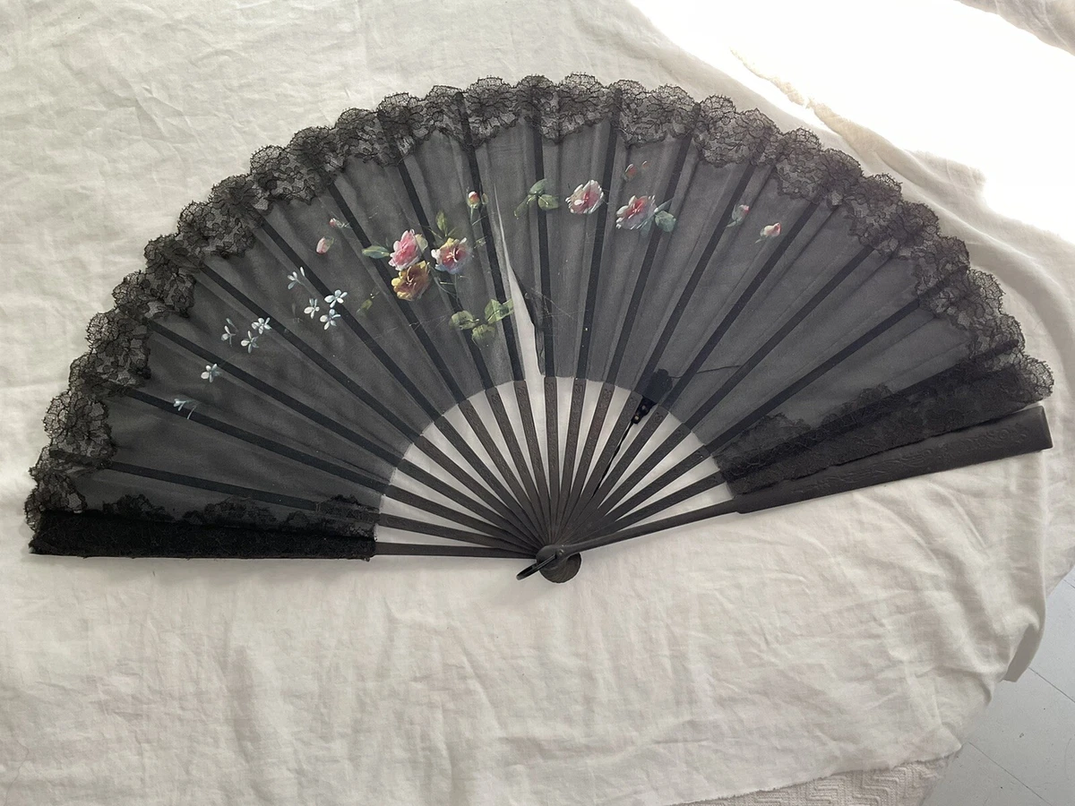 Grand éventail ancien dentelle noire 1900 - Collection