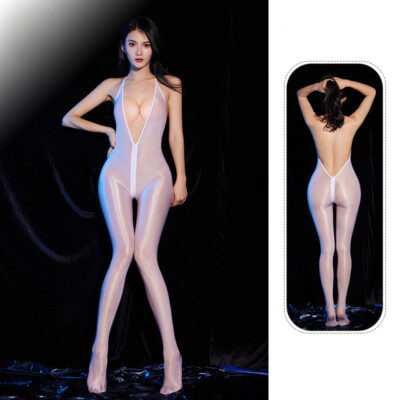 Plunge Strampler Dessous transparent glänzend Body Stocking Bodysuit Damen Reißverschluss offener Schritt