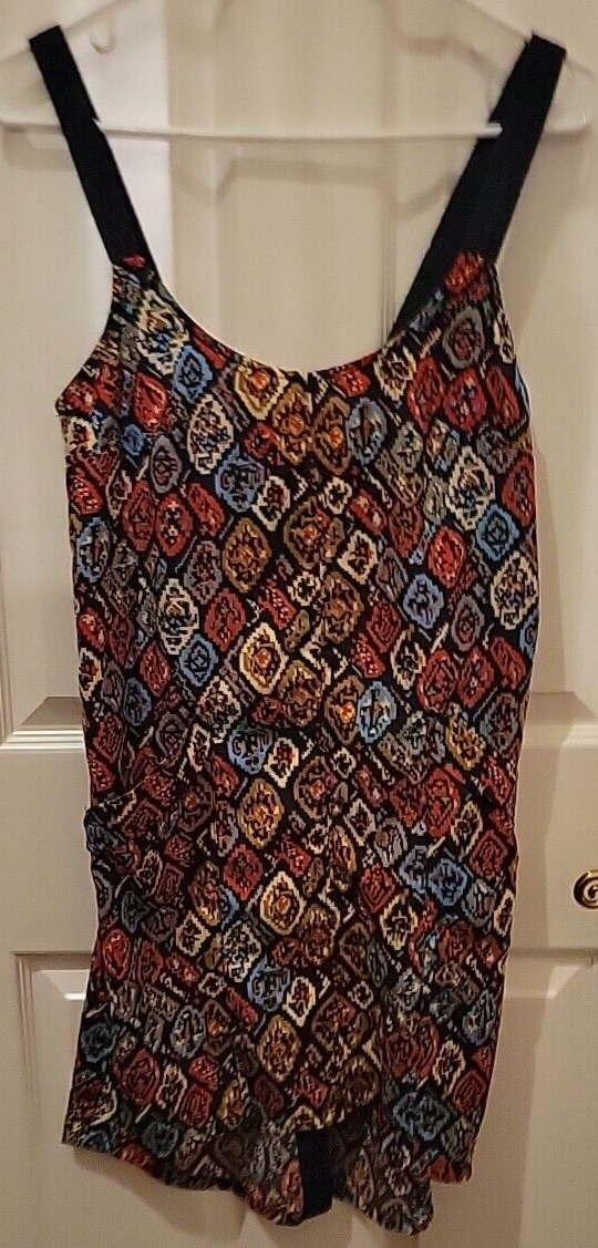 Hurley Tank Mini Dress Size Small Red Blue Abstract Button-Up Back Front Pockets