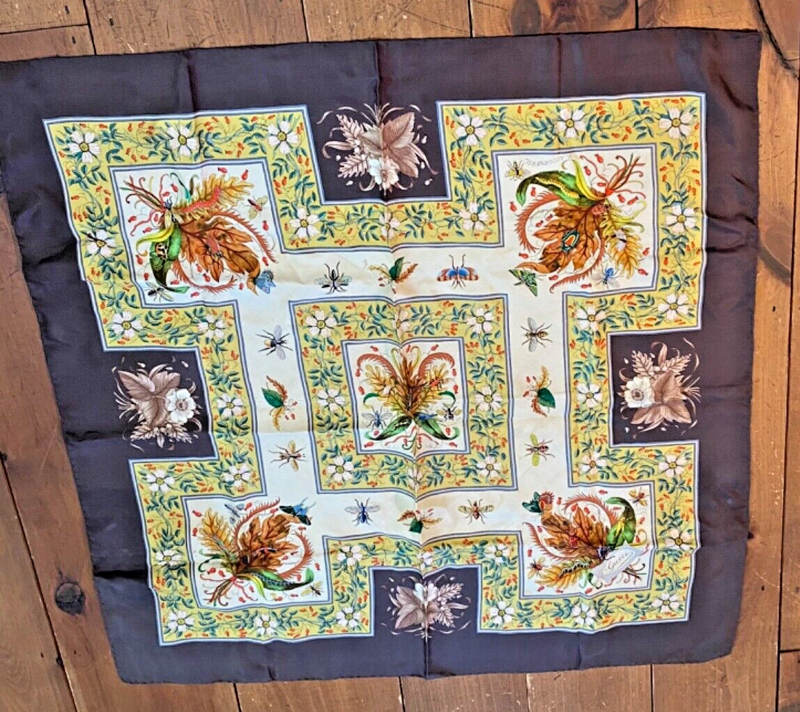 Foulard vintage Gucci Accornero feuilles insectes soie années 70