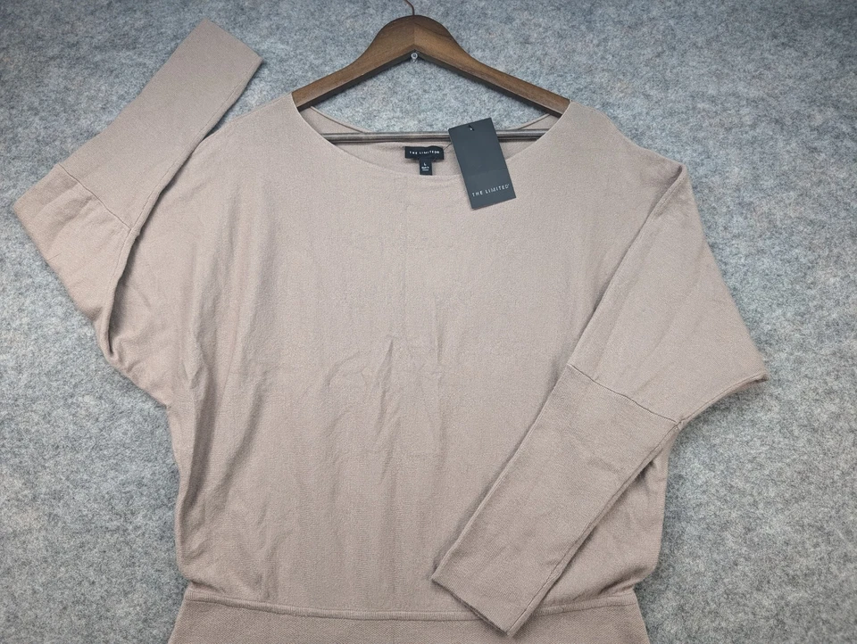 Vestido The Limited Mujer Grande Beige Elástico Tejido Manga Larga Midi Suéter Elegante Foto 3 de 4