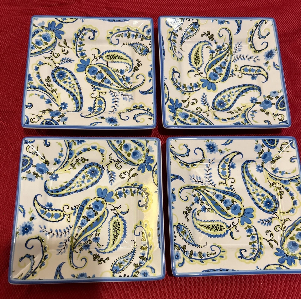 Cynthia Rowley 4 Platos de Cóctel Cuadrados Azul Paisley Relish Pan Postre Foto 2 de 4