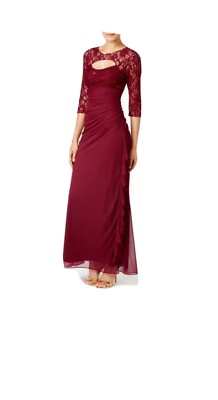Betsy & Adam Women's Lace-Trim Cutout Ruched Gown, Red Betsy & Adam Women's Lace-Trim Cutout Ruched Gown, Red