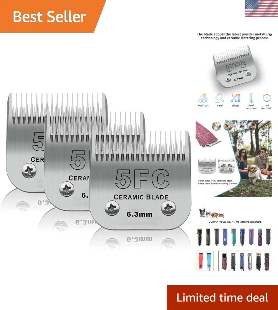 3 Pack 5FC Detachable Pet Dog Grooming Ceramic Blades,Compatible with Andis,O...