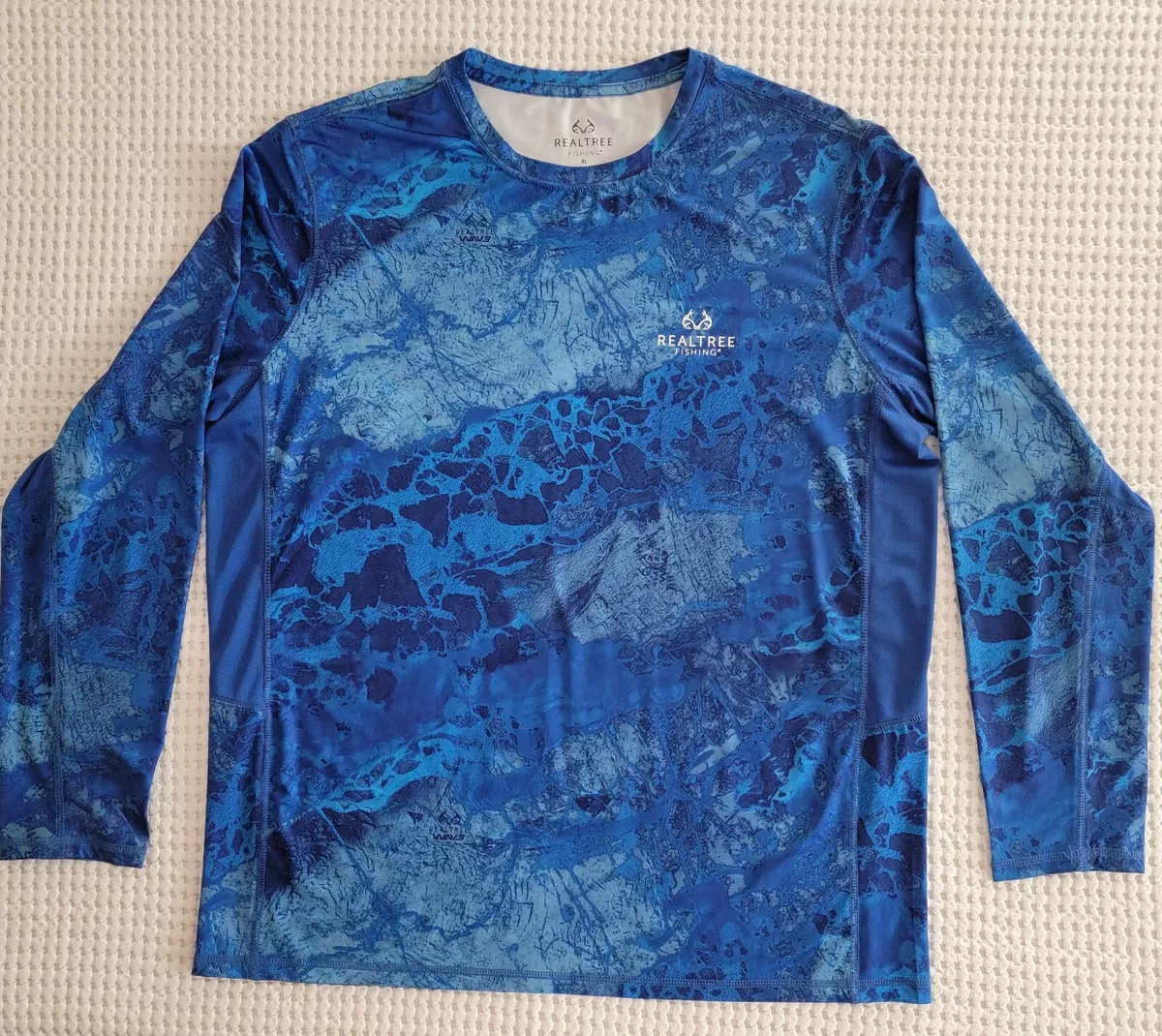 Realtree Men's XL Blue Camo Camouflage Performance Fishing Shirt L/S  Stretch EUC