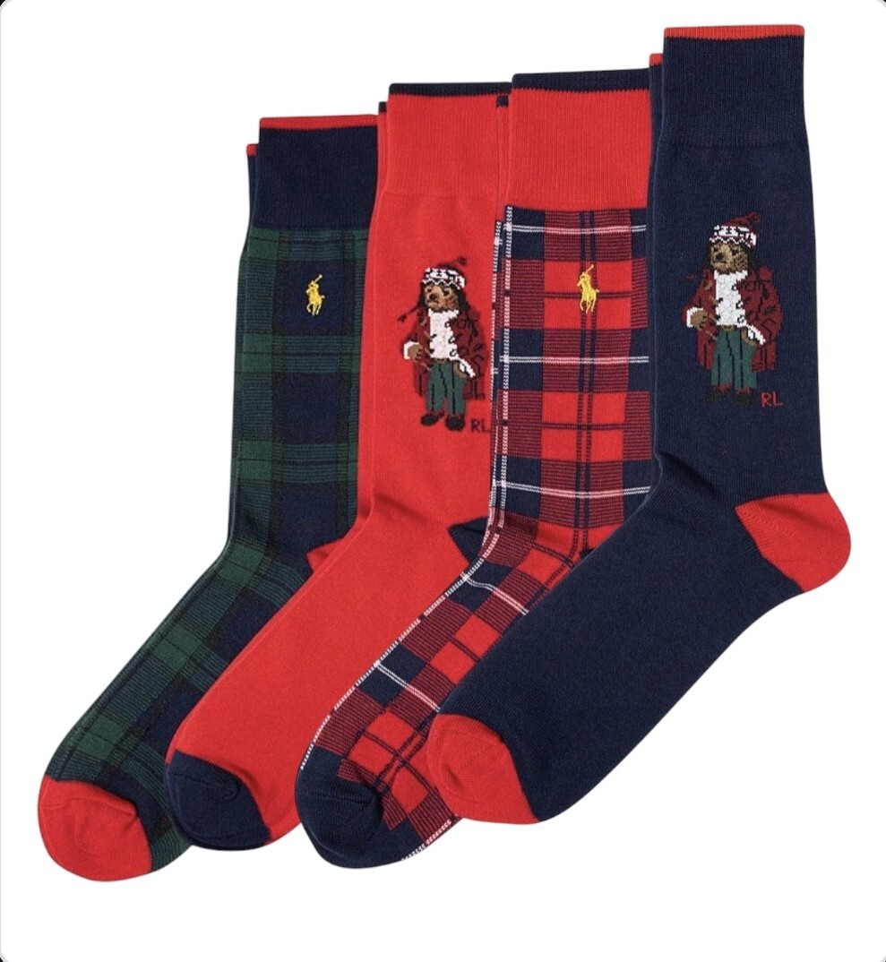 Calze Polo Ralph Lauren Bear Classic Crew 4 paia taglia 10 13 pony tartan a quadri