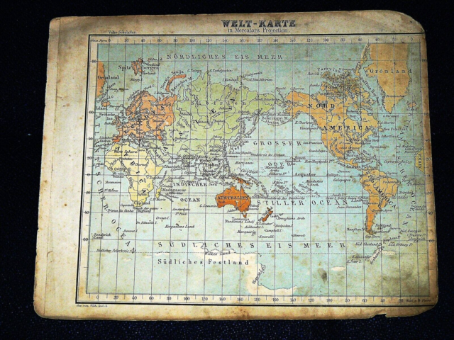 Weltkarte Landkarte 1867 AUS: Volksatlas über alle Theile der Erde Gera 1867