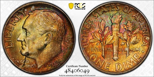 1955 10C Silver Roosevelt Dime PCGS MS 65 - Toning