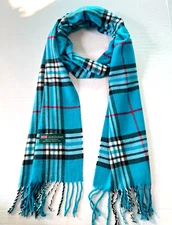 Womens Winter Warm SCOTLAND Made 100% CASHMERE Scarf Plaid Turquoise blue #P108
