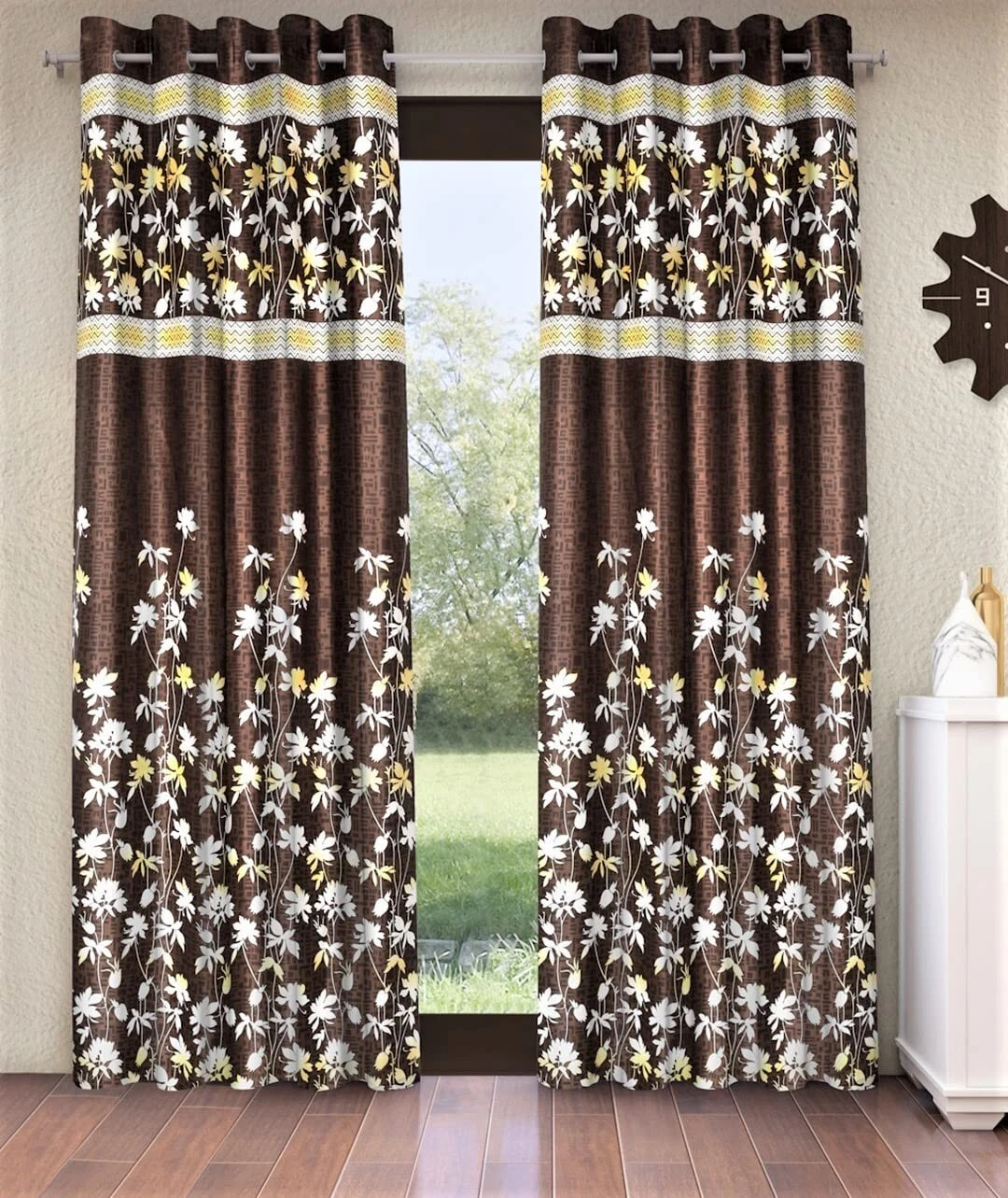 New 2 Pieces Flower Border Panel Eyelet Polyester Door Curtains Set - 7 ft