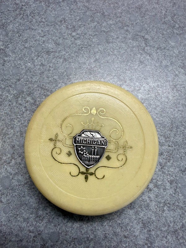Vintage Michigan souvenir plastic collapsible cup from 1940's w/ pill holder