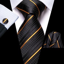 3 Pcs-Men's Tie Set Black Striped Necktie Pocket Square Cufflinks Wedding Party