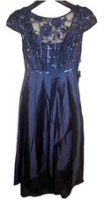 Adrianna Papell Sequin ROSE Floral Bead Gown Navy Blue Sz 2 Asymmetric NWT 199