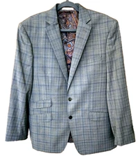 TALLIA Sport Coat Suit Jacket Blue Windowpane 2 Button Wool Blend Men's 44R