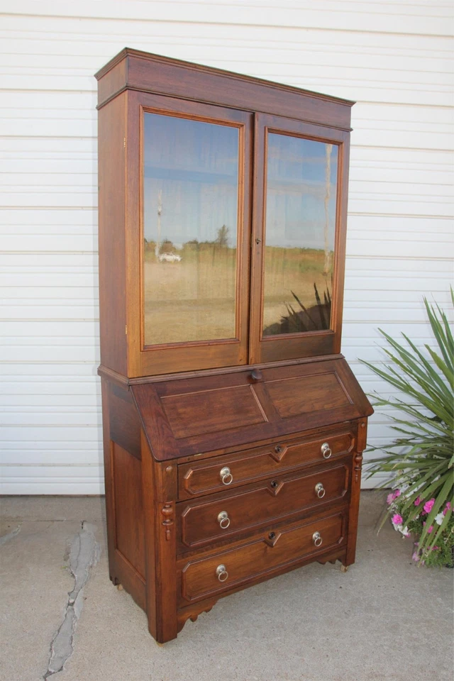 1800s Square Nail Walnut Drop Front Desk Secretary Bookcase Display Cabinet &Key - Image 3 of 4
