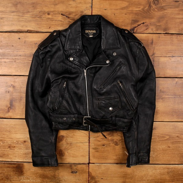 Vintage Okinawa Leather Jacket L 70s Biker Belted Cropped Black Womens