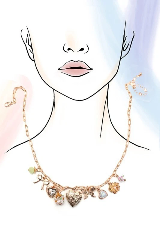 Collar con dije enchapado en oro - Medallón corazón, arco, mariposa, flor, diamantes de imitación Foto 2 de 4