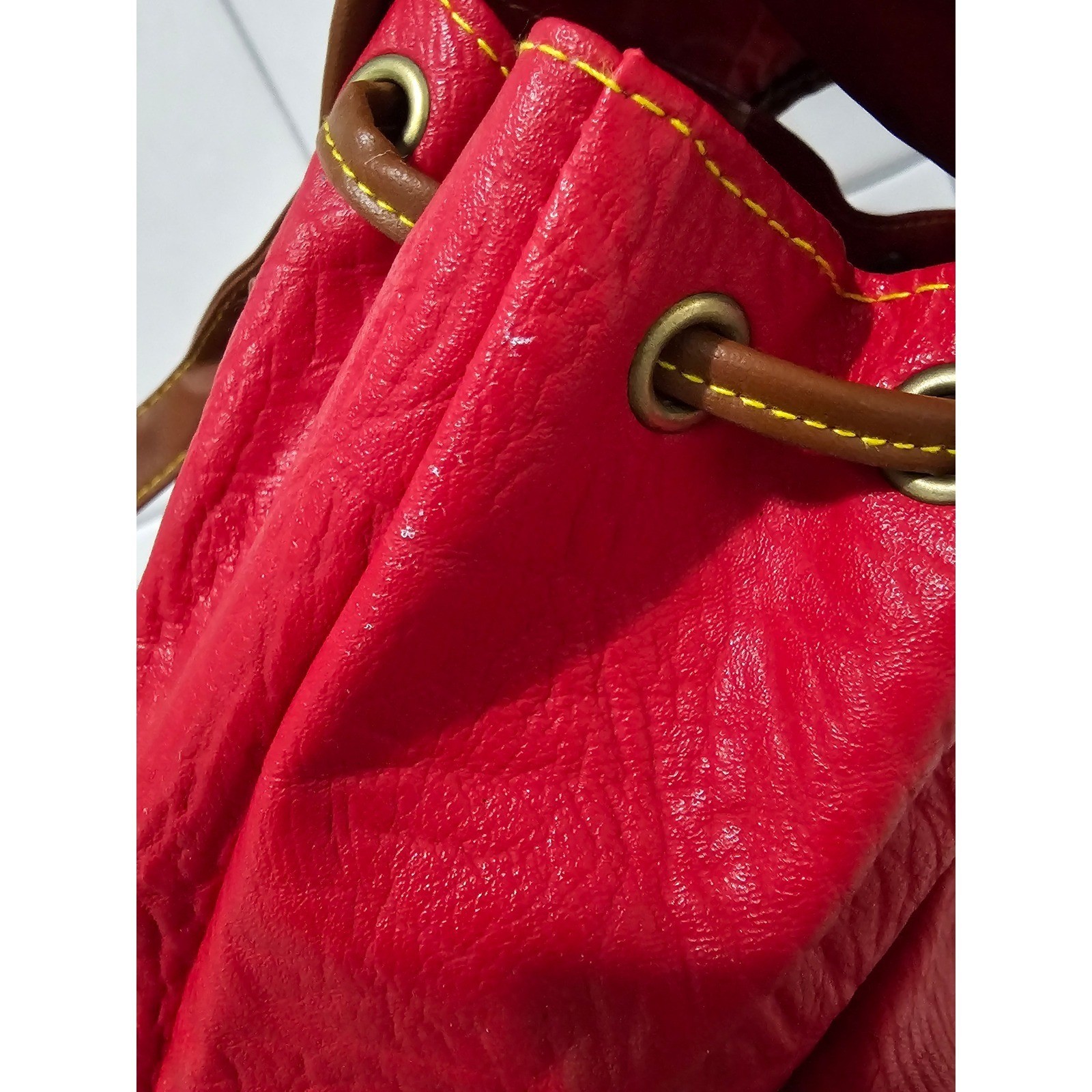 Vintage Mini red Backpack Purse Pull String butto… - image 8