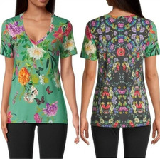 Johnny Was Panya Favorite Floral V-Neck T-Shirt Women's Size M Butterflies BOHO
